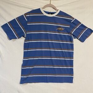 Santa Cruz Skateboards Striped T-Shirt Mens Medium Blue White Brown Embroidered